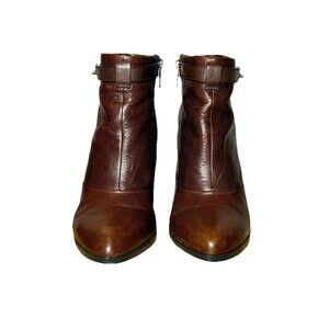 Coach Melody Women’s 7B Chestnut Brown Leather Wedge Ankle Boots Moto Buckle Zip